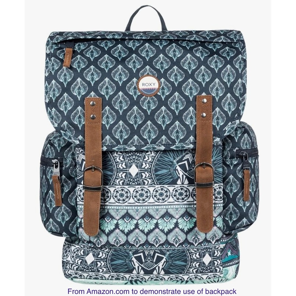 Roxy Free for Sun Student Backpack Blue Boho Geometric Print Canvas Totebag